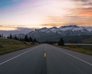 Preview wallpaper road, marking, mountains, snowy, distance