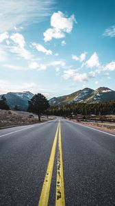 Preview wallpaper road, marking, mountains, trees, distance