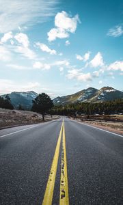 Preview wallpaper road, marking, mountains, trees, distance