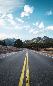 Preview wallpaper road, marking, mountains, trees, distance