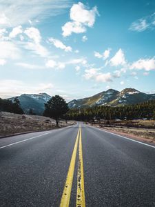 Preview wallpaper road, marking, mountains, trees, distance