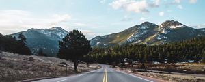 Preview wallpaper road, marking, mountains, trees, distance