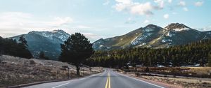 Preview wallpaper road, marking, mountains, trees, distance