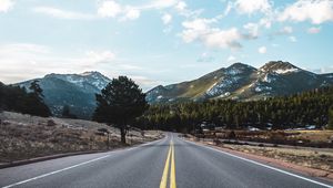 Preview wallpaper road, marking, mountains, trees, distance