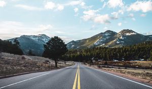 Preview wallpaper road, marking, mountains, trees, distance