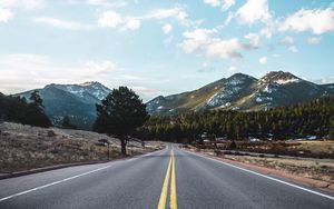 Preview wallpaper road, marking, mountains, trees, distance