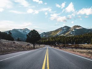 Preview wallpaper road, marking, mountains, trees, distance