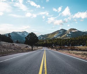 Preview wallpaper road, marking, mountains, trees, distance