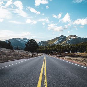 Preview wallpaper road, marking, mountains, trees, distance