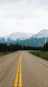 Preview wallpaper road, marking, mountains, spruce, trees