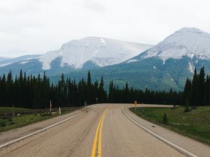 Preview wallpaper road, marking, mountains, spruce, trees