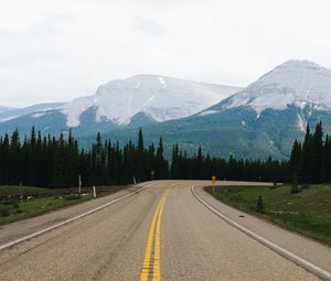 Preview wallpaper road, marking, mountains, spruce, trees