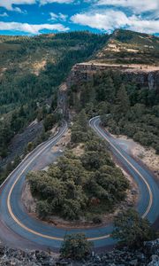 Preview wallpaper road, marking, rocks, trees, forest