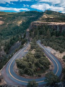 Preview wallpaper road, marking, rocks, trees, forest