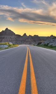 Preview wallpaper road, marking, rocks, mountains, sky