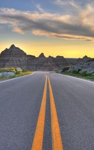 Preview wallpaper road, marking, rocks, mountains, sky