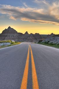 Preview wallpaper road, marking, rocks, mountains, sky