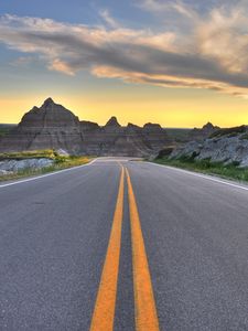 Preview wallpaper road, marking, rocks, mountains, sky