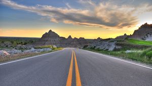 Preview wallpaper road, marking, rocks, mountains, sky