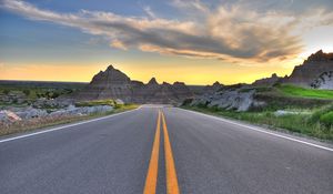 Preview wallpaper road, marking, rocks, mountains, sky