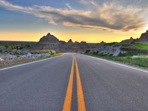 Preview wallpaper road, marking, rocks, mountains, sky