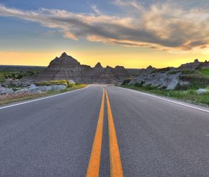 Preview wallpaper road, marking, rocks, mountains, sky