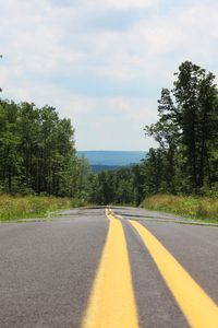 Preview wallpaper road, marking, stripes, trees, forest, landscape