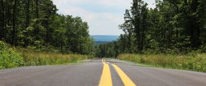 Preview wallpaper road, marking, stripes, trees, forest, landscape