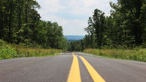 Preview wallpaper road, marking, stripes, trees, forest, landscape