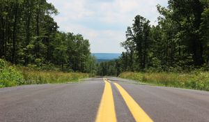 Preview wallpaper road, marking, stripes, trees, forest, landscape