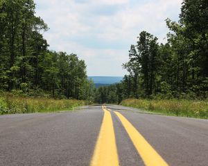 Preview wallpaper road, marking, stripes, trees, forest, landscape
