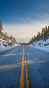 Preview wallpaper road, marking, trees, snow, snowy