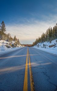 Preview wallpaper road, marking, trees, snow, snowy
