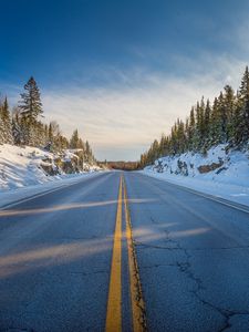 Preview wallpaper road, marking, trees, snow, snowy