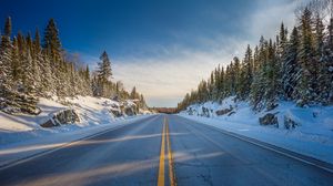 Preview wallpaper road, marking, trees, snow, snowy