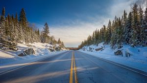 Preview wallpaper road, marking, trees, snow, snowy