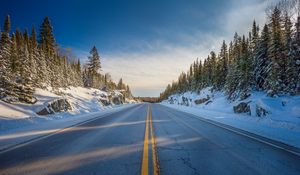 Preview wallpaper road, marking, trees, snow, snowy