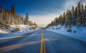 Preview wallpaper road, marking, trees, snow, snowy