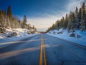 Preview wallpaper road, marking, trees, snow, snowy