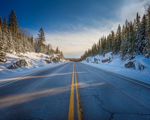 Preview wallpaper road, marking, trees, snow, snowy