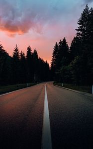 Preview wallpaper road, marking, trees, distance, sunset