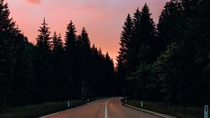 Preview wallpaper road, marking, trees, distance, sunset