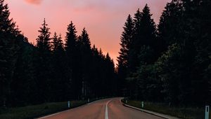 Preview wallpaper road, marking, trees, distance, sunset