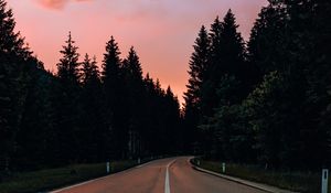 Preview wallpaper road, marking, trees, distance, sunset