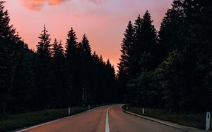 Preview wallpaper road, marking, trees, distance, sunset