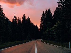 Preview wallpaper road, marking, trees, distance, sunset