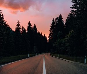 Preview wallpaper road, marking, trees, distance, sunset