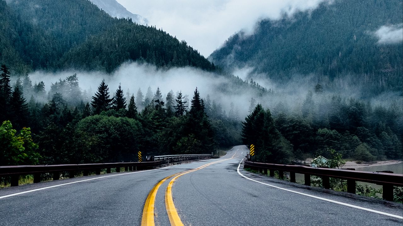 Wallpaper road, marking, turn, mountains, fog