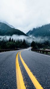 Preview wallpaper road, marking, turn, mountains, fog