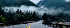 Preview wallpaper road, marking, turn, mountains, fog